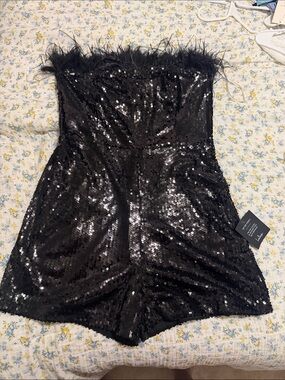 Lulu's Black Sequin Strapless Feather-Trim Romper